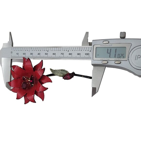 Francois Red Enamel Rhinestone Metal Stemmed Flower Brooch, Signed E957 - Picture 12 of 13